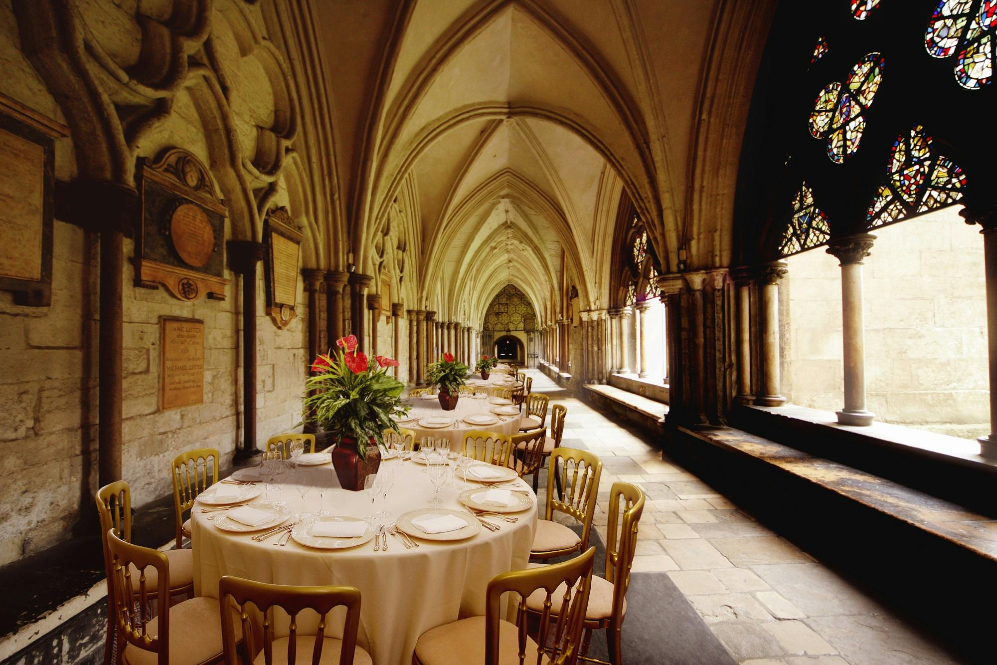 Round table in historic Westminster Abbey's East and North Cloisters for upscale events.